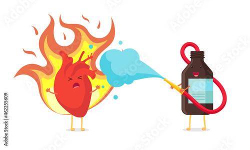 Cute cartoon heart character burning and unhealthy sick pain emotion. Brown medicine bottle puts out a fire like firefighter. Human circulatory internal organ in flame and treated with sedative. Eps