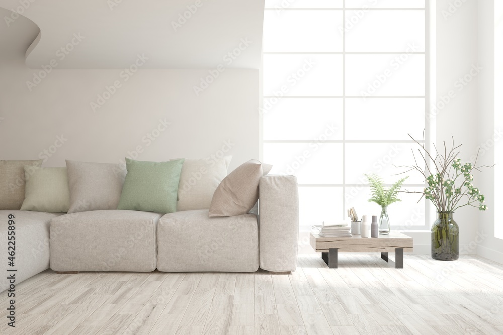 White living room with sofa. Scandinavian interior design. 3D illustration White living room with sofa. Scandinavian interior design. 3D illustration