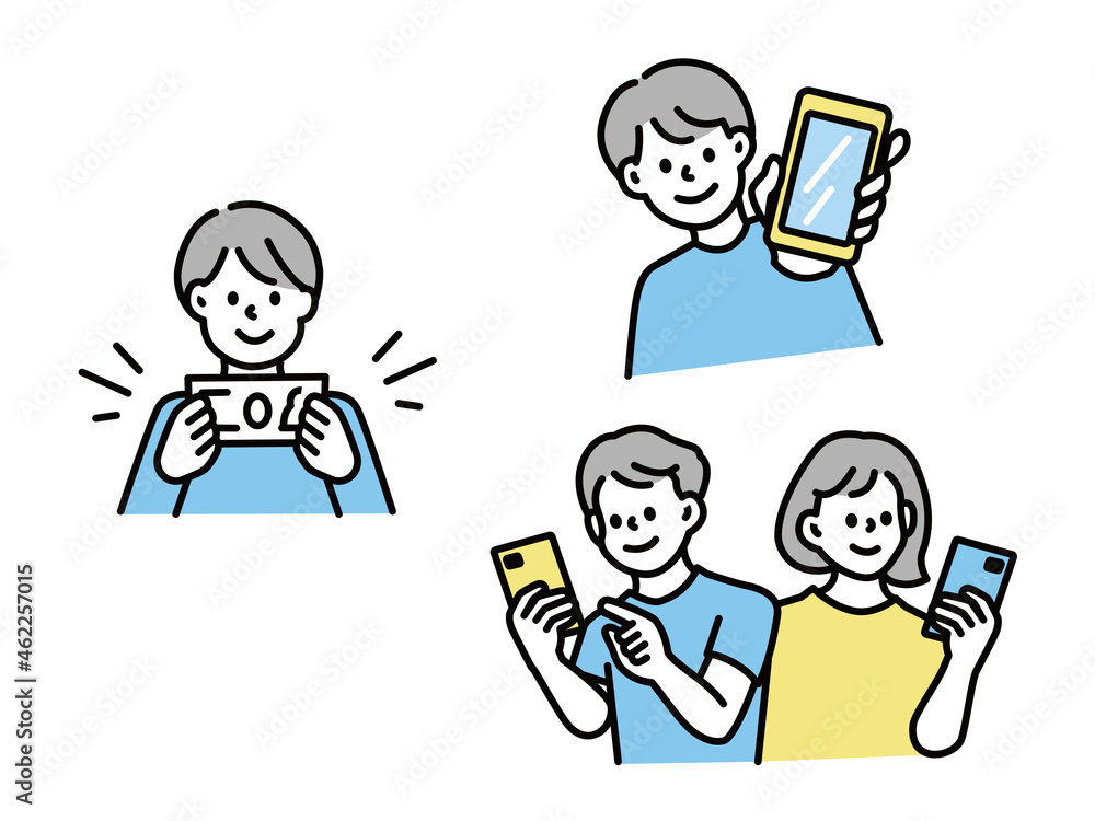 スマートフォンを持った男女のイラスト(副業、節約、お金、スマホ、SNS、情報、キャッシュレス) Hand with phone. QR code concept illustration of man scanning barcode using mobile smartphone for online shopping and payment. Flat vector illustration スマートフォンを持った男女のイラスト(副業、節約、お金、スマホ、SNS、情報、キャッシュレス) Hand with phone. QR code concept illustration of man scanning barcode using mobile smartphone for online shopping and payment. Flat vector illustration