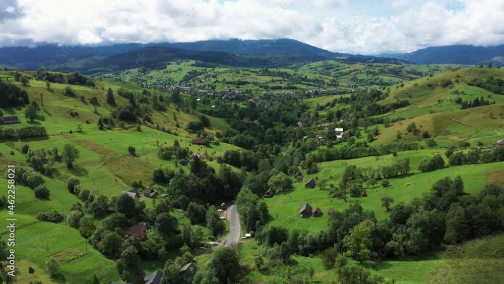 Mountain village skyline aerial view Mountain village skyline aerial view
