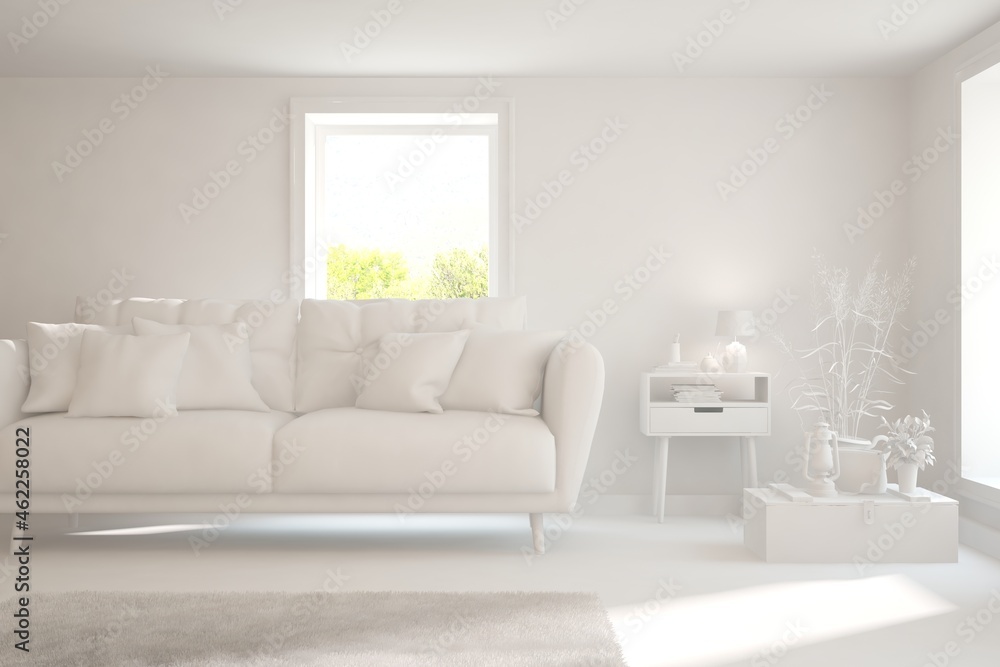 Mock up of stylish room in white color with sofa. Scandinavian interior design. 3D illustration Mock up of stylish room in white color with sofa. Scandinavian interior design. 3D illustration