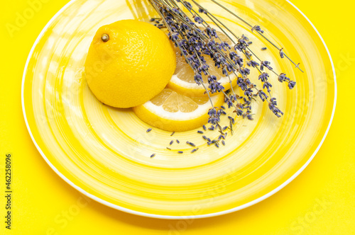 lemon and lavender on a yellow background close-up postcard poster photo