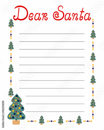 Letter to Santa Claus template vector illustration, Christmas wish list blank worksheet with lines for kids to fill in