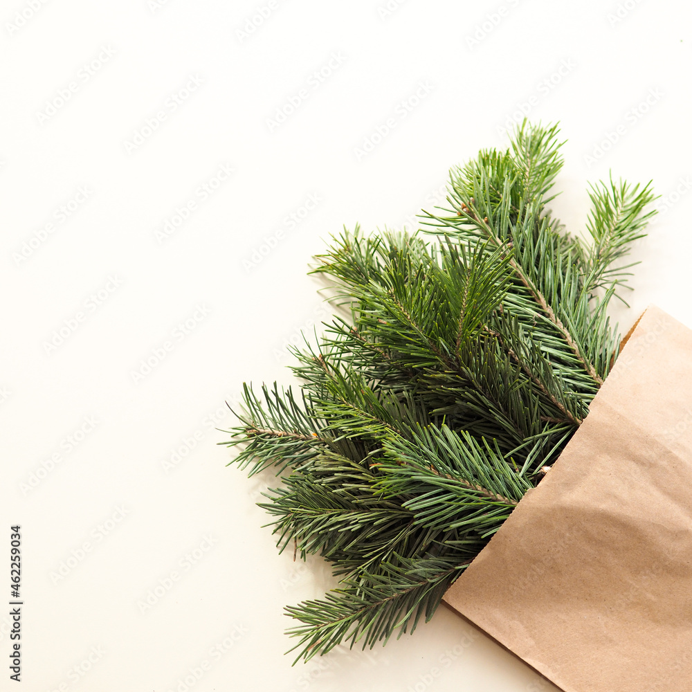 fir branches in a craft bag on a beige background.. fir branches in a craft bag on a beige background..