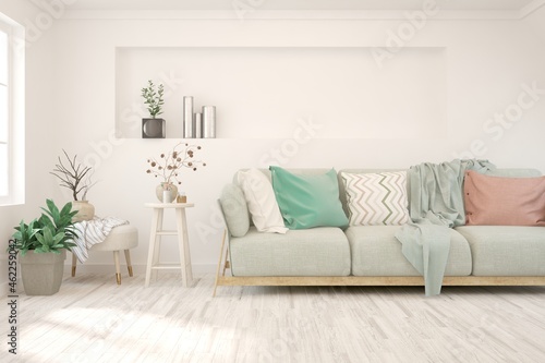White living room with sofa. Scandinavian interior design. 3D illustration © AntonSh