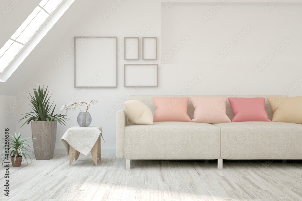 White living room with sofa. Scandinavian interior design. 3D illustration White living room with sofa. Scandinavian interior design. 3D illustration