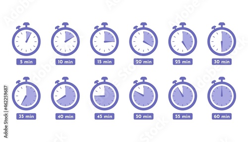 Timer clock Stopwatch 5 minute to 1 hours isolated set icons Label cooking time Vector illustration Label measure time Cooking time and more