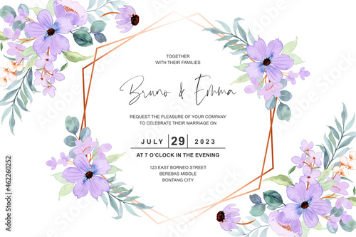 Wedding invitation card with purple flower watercolor