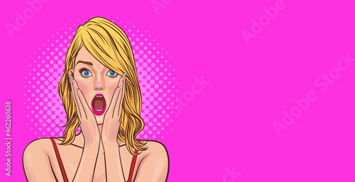Surprised young sexy woman with open mouth omg hands on cheeks