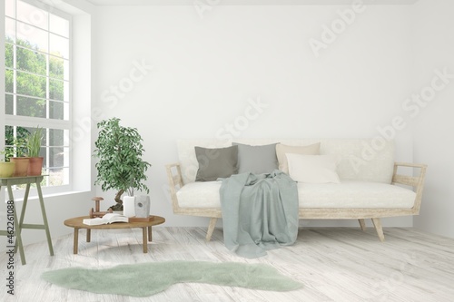 White living room with sofa and summer landscape in window. Scandinavian interior design. 3D illustration