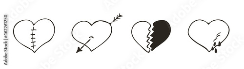 Set of doodle broken heart icon. Love symbol. Cute hand drawn vector graphic illustration isolated on white background. Simple outline style sign. Art sketch pattern
