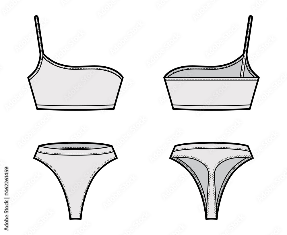 Set of lingerie - One shoulder bra and high waist Thongs panties technical  fashion illustration. Flat brassiere knickers template front back grey  color style. Women men unisex underwear CAD mockup Stock Vector