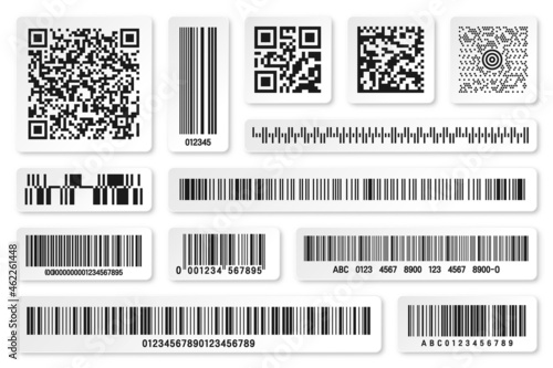 Set of product barcodes and QR codes. Identification tracking code. Serial number, product ID with digital information. Store or supermarket scan labels, price tag. Vector illustration.