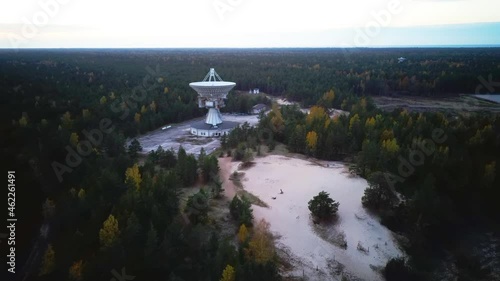 Aerial View of Super Secret Soviet Radio Telescope Near Abandoned Military Town Irbene in Latvia. Army Space Spying Object