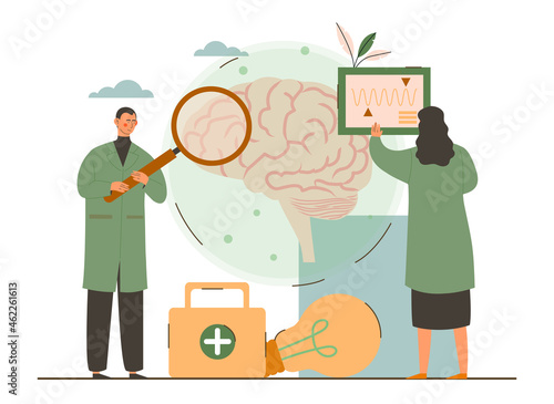 Man and woman study brain activity. Medical Research Microscope. Head Tomography. Chemical Experiment. Finding treatments, diagnostics. CArtoon flat vector illustration isolated on white background