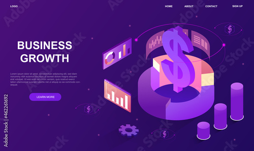 Business growth concept. Analytics of company, earnings. Calculating budget for next financial period. Website landing page concept. Cartoon 3d vector illustration isolated on violet background