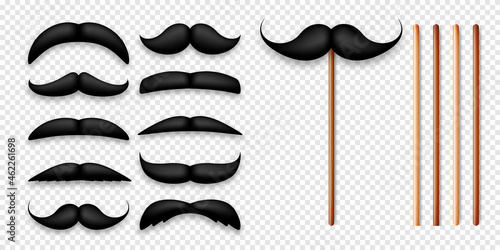 Realistic black mustache on a wooden stick. Fake paper mustache isolated on transparent background. Fashionable facial hair. Vintage design element. Creative vector illustration.