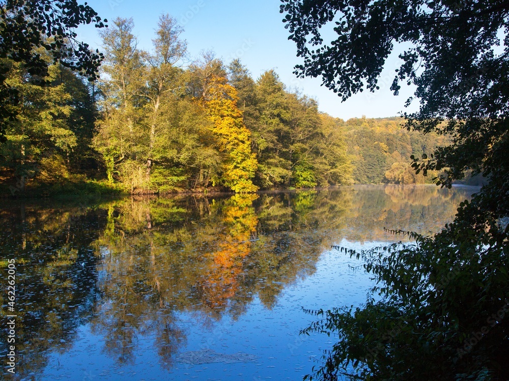 Ohre river and autumnal view forest mirroring lake