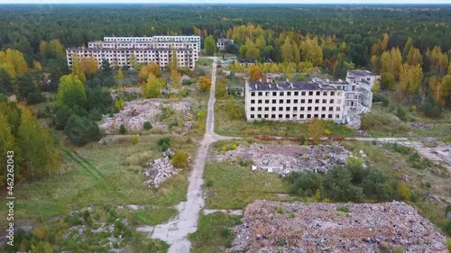 Aerial View of Abandoned Military Ghost Town Irbene in Latvia. Former Super Secret Abandoned Soviet Military Town Irbene in Latvia. Soviet Army Spying Object