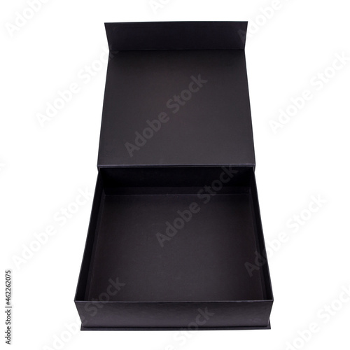 black gift box open with black inside and isolated on white background