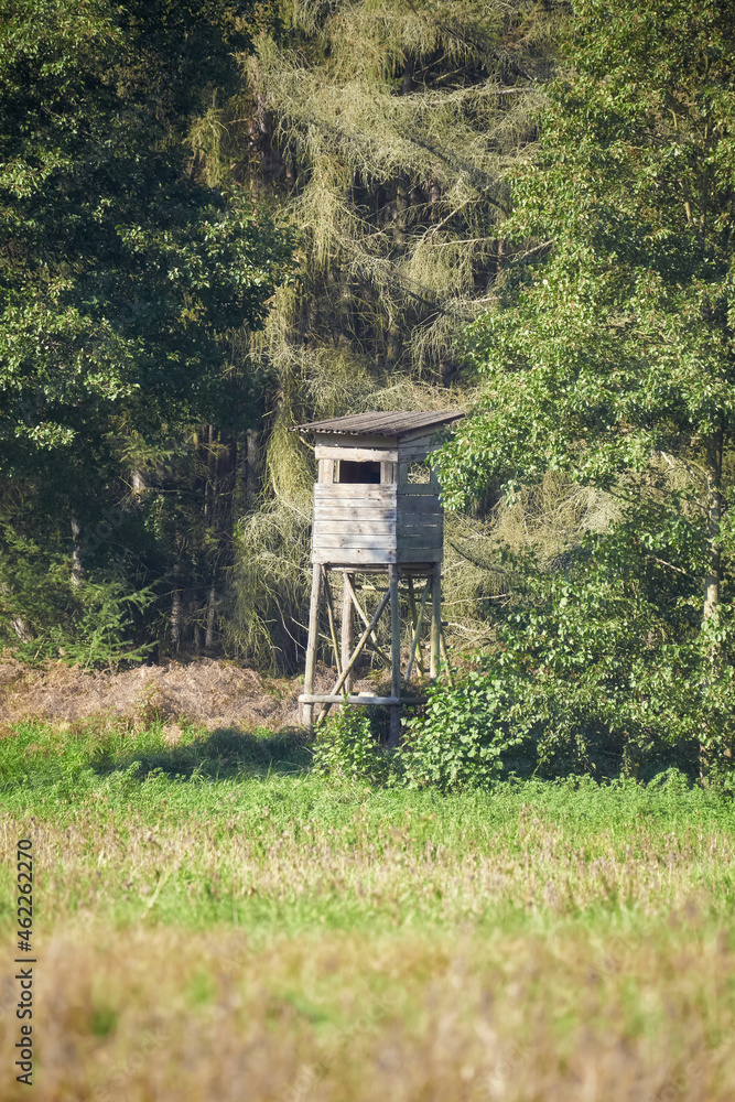 Deer hunting tower by a forest, selective focus.