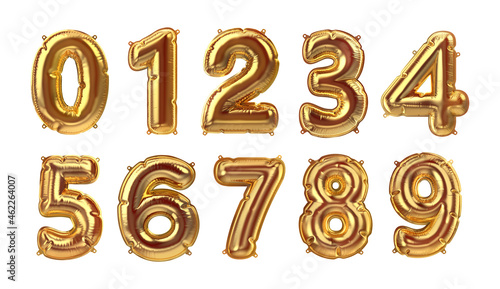 3D Render of Golden inflatable foil baloons set. Bright party decoration figures. Yellow numbers isolated on white background.
