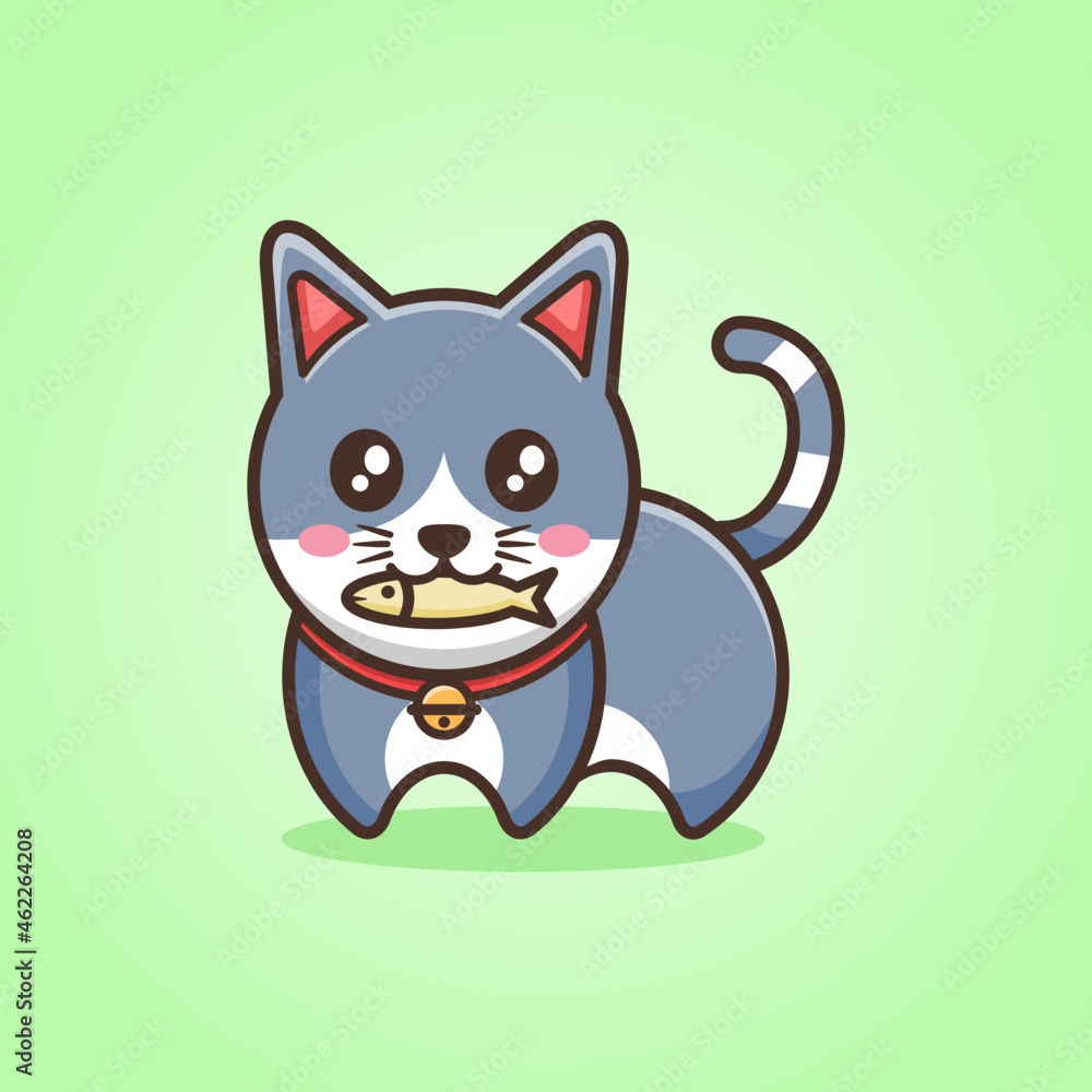 Cute cat with grey and white color biting a fish in green background flat design Cute cat with grey and white color biting a fish in green background flat design