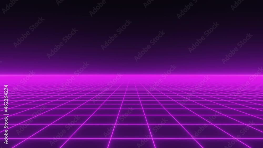 Flying over a 80s retrowave style purple neon grid (electrified field). Retro futuristic animation element.