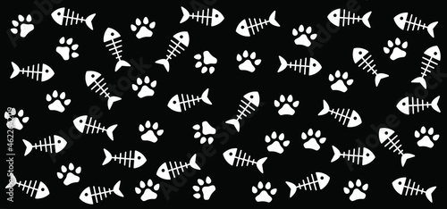 Cat paw, fish bone. Fish bone icon Footsteps or footprint silhouette sign. Fishbone Drawing cats line pattern. Kitty silhouette pictogram. Flat vector skeleton foot cartoon sketch sign. Cat day.