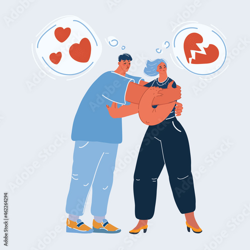 Vector illustration of man trying to present his heart to woman rejecting his gift. Unrequited, one-sided or rejected love. Male and female ccharacters