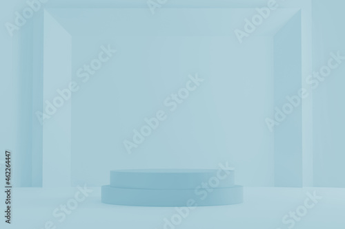 Cosmetic podium product minimal scene with platform teal background 3d render. Display stand for pastel blue mint green color mock up. Show beauty backdrop on pedestal. Simple Cylinder Sweet design