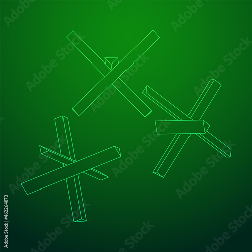 Hedgehog antitank defence. Wireframe low poly mesh vector illustration.