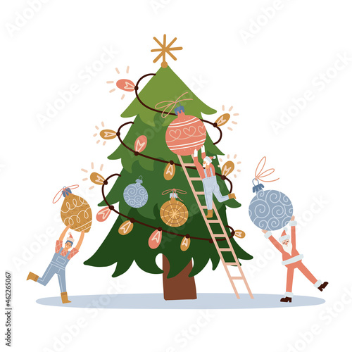 Small Characters Decorate Christmas tree. Tiny people decorating Xmas fir tree for celebrating New Year Eve, holding baubles and balls. Decoration for holiday celebration. Flat vector illustration.