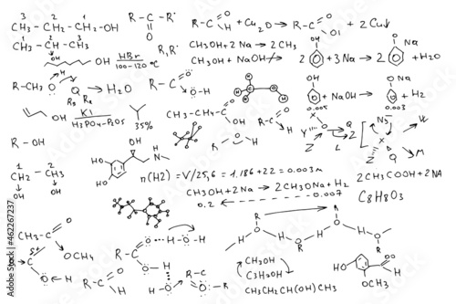 Chemical formulas. Handwritten on a white background. 