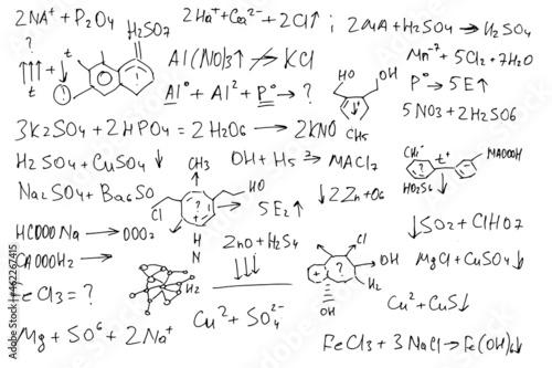 Chemical formulas. Handwritten on a white background. 