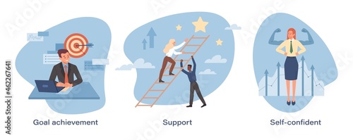 Set of motivation. Collection of pictures where people strive for dream. Concept of success, selfdevelopment, goal setting, planning. Cartoon flat vector illustrations isolated on white background