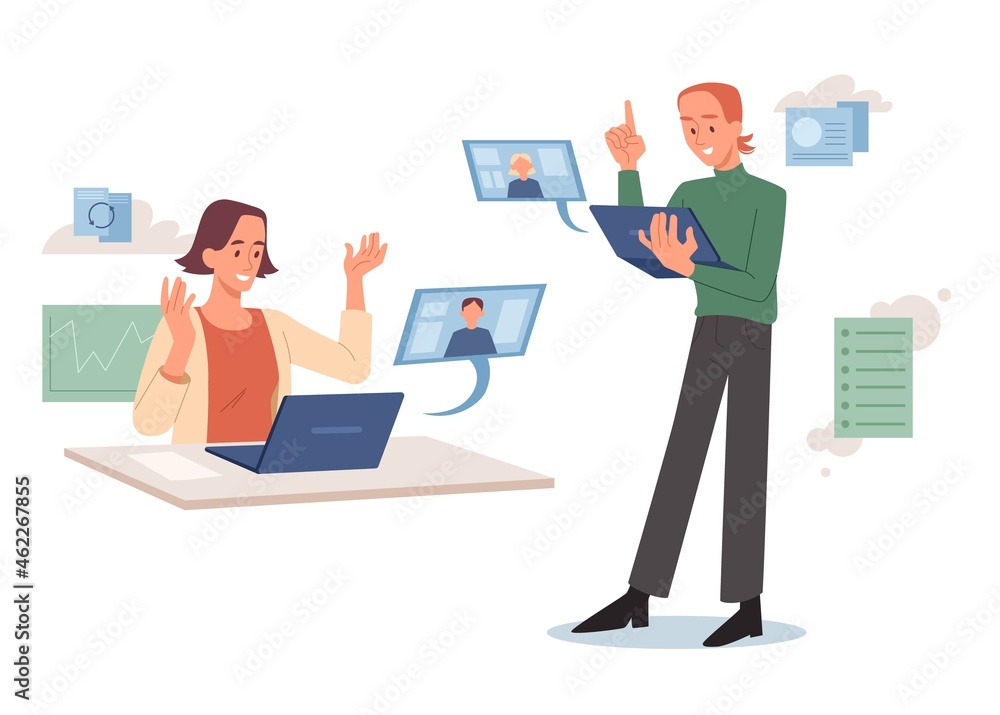 Video call, conference. Man and girl in office communicate with other people. Employees, computer, tablet. Modern technology, link. Cartoon flat vector illustration isolated on white background