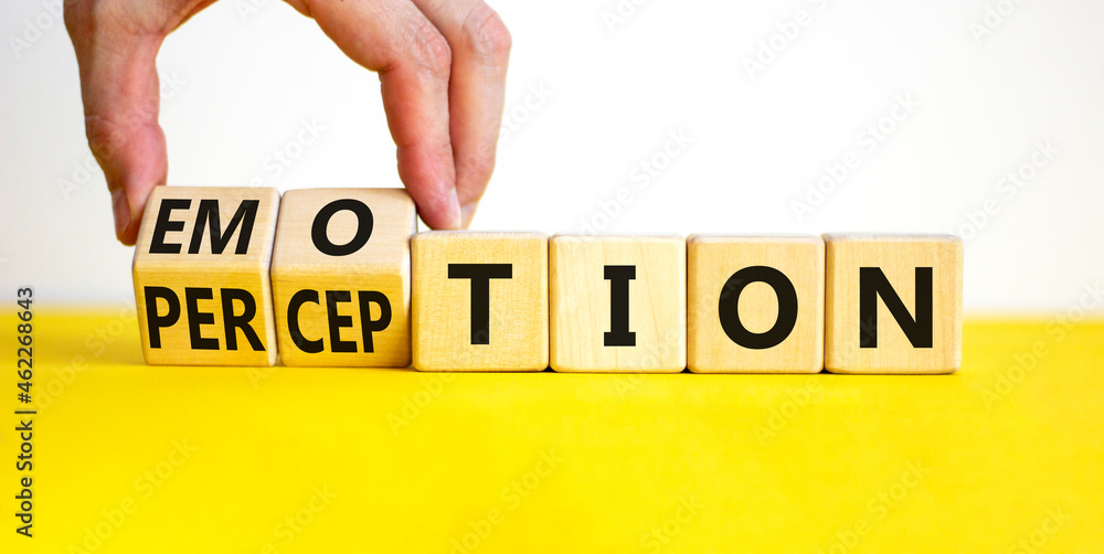 Emotion and perception symbol. Businessman turns wooden cubes and changes the word 'perception' to 'emotion'. Beautiful white background. Business, emotion and perception concept. Copy space. - obrazy, fototapety, plakaty 