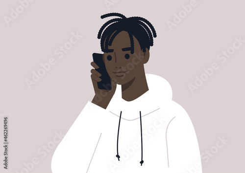 A young male Black character talking on the phone, a millennial lifestyle