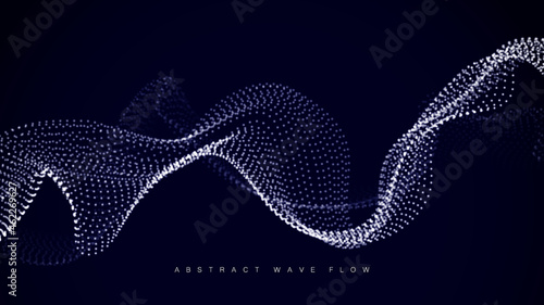 Wave array of shining dots. Wave of dynamic particles flows through the darkness. Dotted curves vector abstract background.
