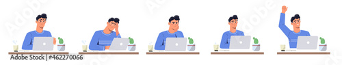 Set of emotions. Man works at laptop. Programmer celebrating success at work, success. Tired and successful worker, close to deadline. Cartoon flat vector illustration isolated on white background