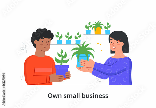 Seller offers sflower to buyer. Selling sprouts in pot, young man came to buy new plant for his garden. Florist, small business. Cartoon flat vector illustration isolated on white background