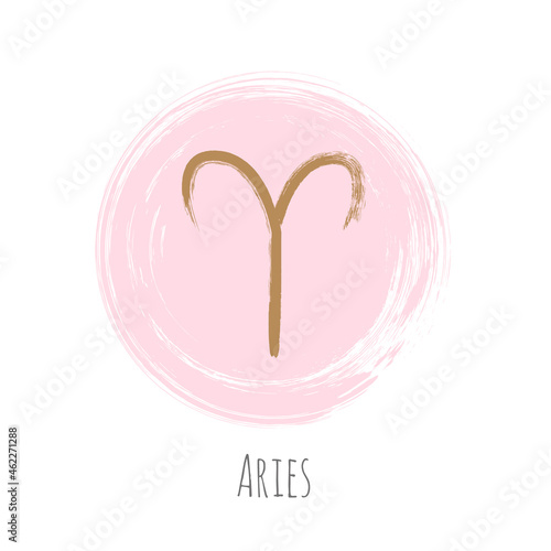 Round rosy pink gold Aries zodiac symbol vector, hand painted coral color horoscope sign. Circle astrological icon isolated. Aries astrology zodiac sign clip art on white background.