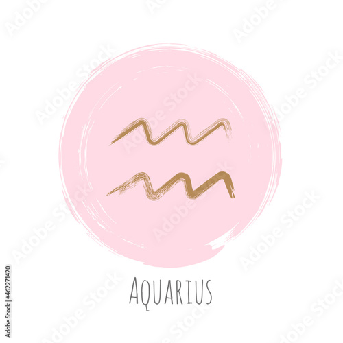 Rose and gold color round Aquarius zodiac sign, circle hand painted horoscope symbol vector. Astrological icon isolated. Aquarius astrology zodiac symbol clip art on white background.