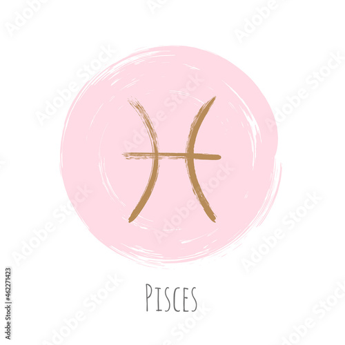 Pink gold Pisces horoscope icon, round hand painted zodiac vector sign. Circle astrological icon isolated. Pisces astrology horoscope symbol clip art on white background.