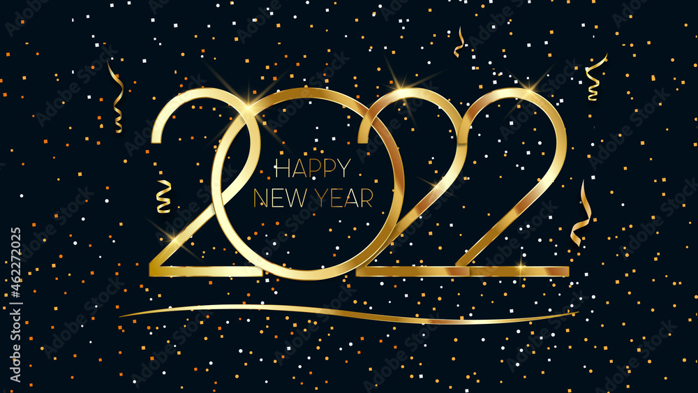 Happy New Year 2022. Elegant gold text with light. Vector illustration.