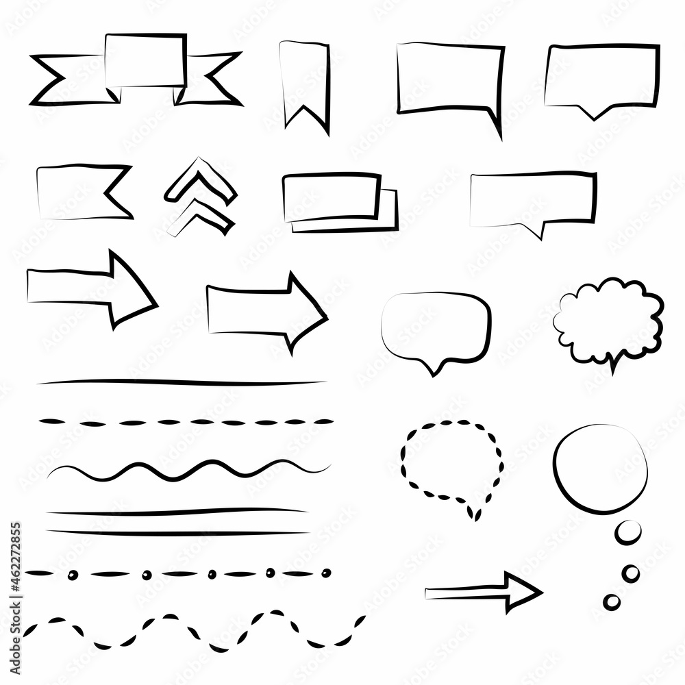 Set of doodle signs. Arrows circles and abstract hand drawn writing design. Vector illustration.