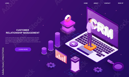 Customer relationship management. Man stands and looks at laptop screen. Working with statistics, analyst. Modern technologies, concept. Cartoon 3d vector illustration isolated on violet background