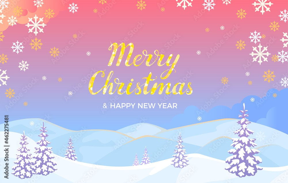 Merry Christmas and Happy New Year banner with golden lettering. Winter landscape background. Mountains, fir trees and snowflakes. Vector greeting card, poster. Cartoon flat illustration.