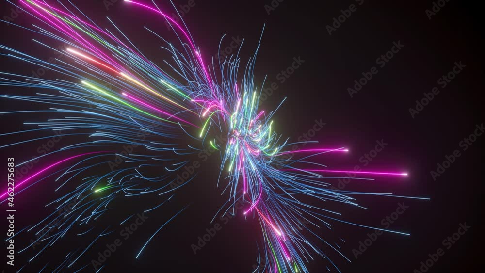 3d animation, neon background with expressive chaotic glowing lines and flashing light. Colorful spectrum laser rays. Cosmic explosion or firework, speed of light